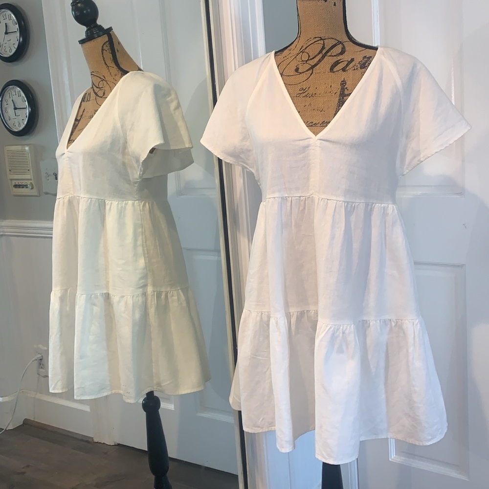 White Linen Dress Flutter Sleeves Tiered Baby Doll Mini Skater Dress XS